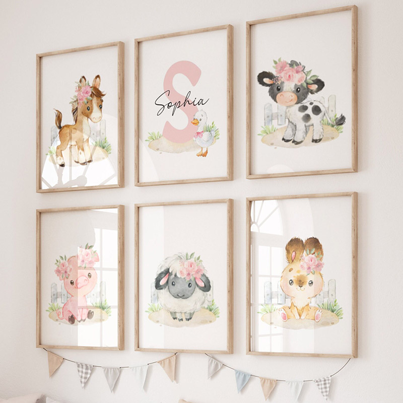 Baby Nursery Animal Prints - Pink Horse Rabbit Chicken Pig Dog