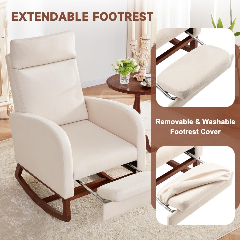 Baby Nursery Rocking Chair - High-Back Nursery Rocking Chair With Footrest
