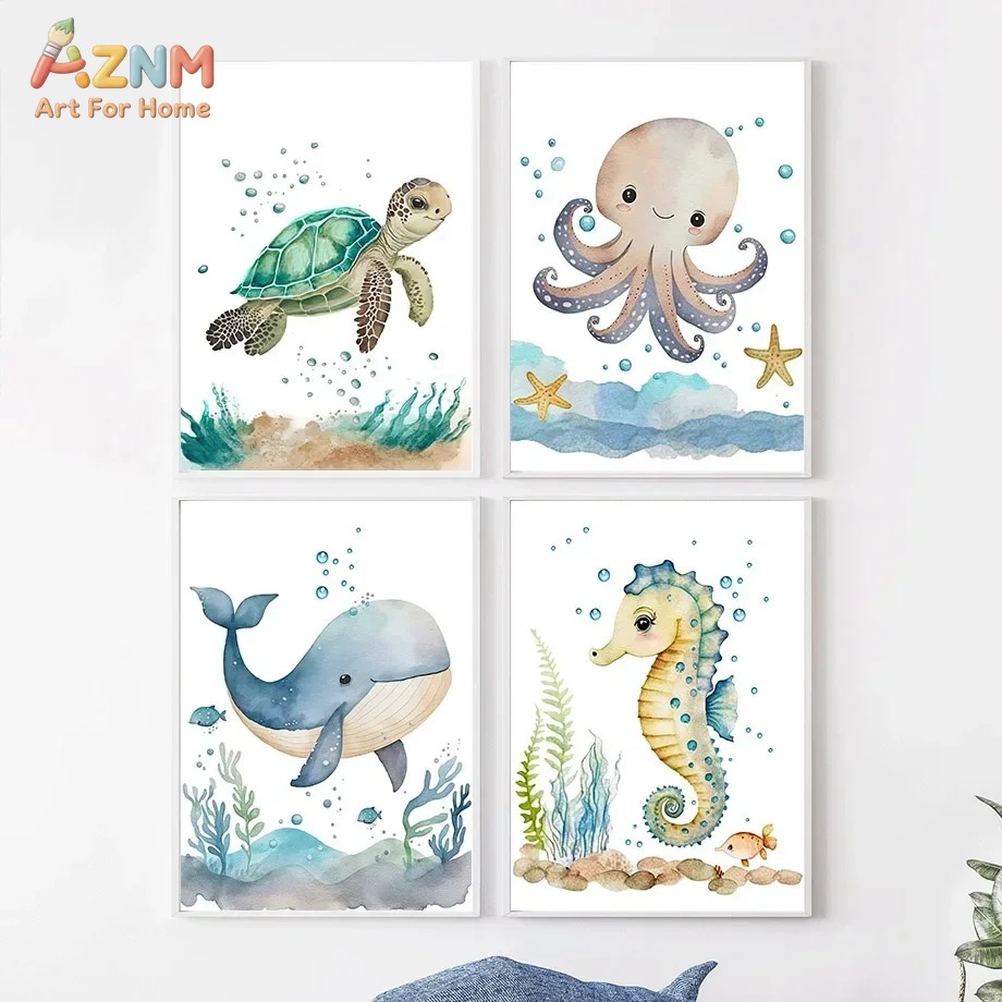 Baby Nursery Animal Prints - Cute Whale Sea Horse Octopus Crab