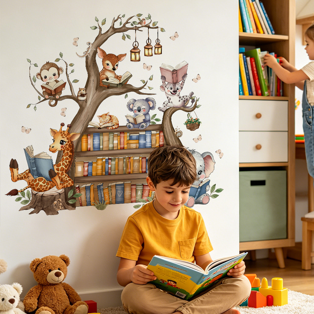 Baby Nursery Books - Cute Jungle Animals Reading Books Tree