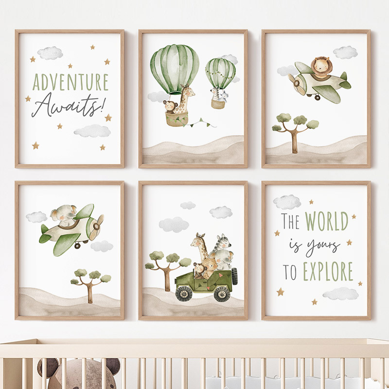 Baby Nursery Animal Prints - Hot Air Balloon Animals Posters Canvas