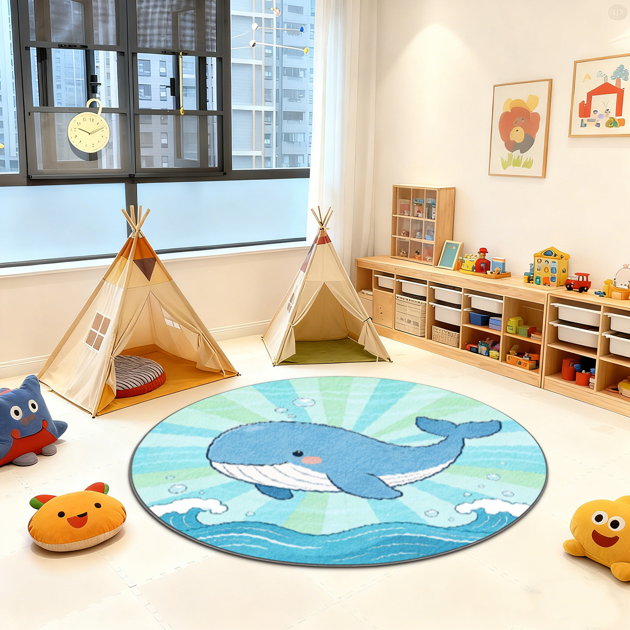 Baby Nursery Theme Ideas - Soft Whale Ocean Round Rug for