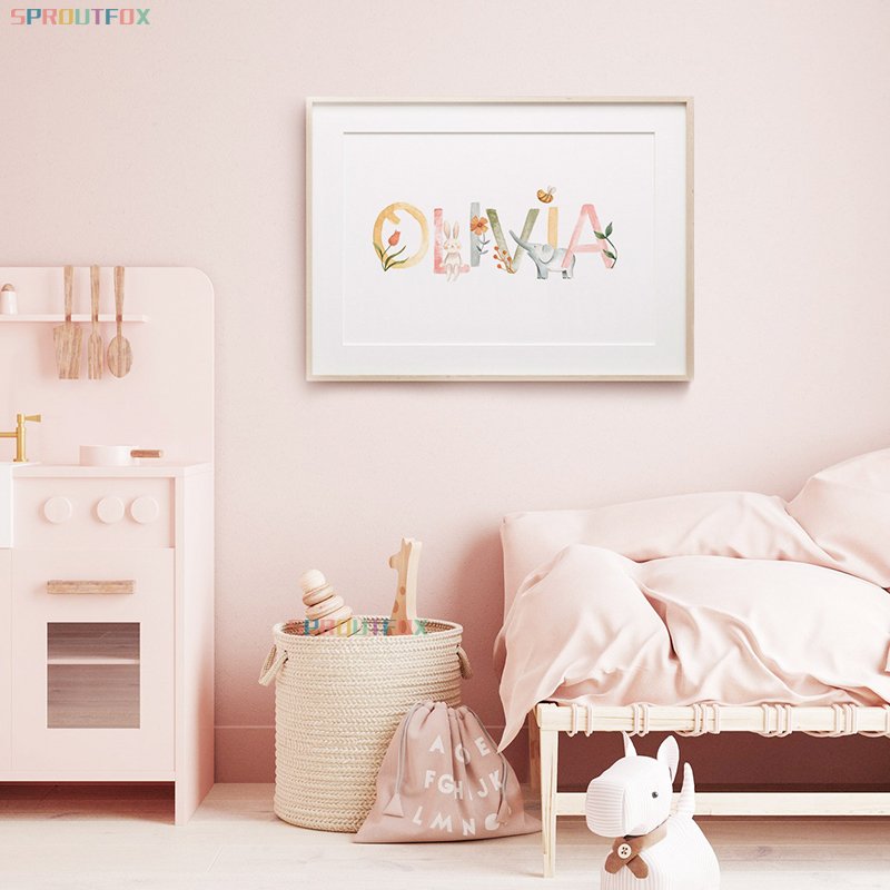 Baby Nursery Animal Prints - Nursery Canvas Painting Name Custom Poster