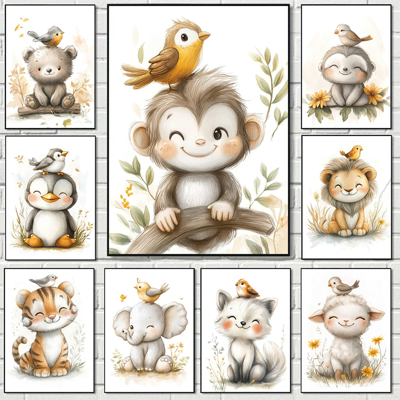 Baby Nursery Animal Prints - Boho Style Cartoon Animal Illustrations Posters