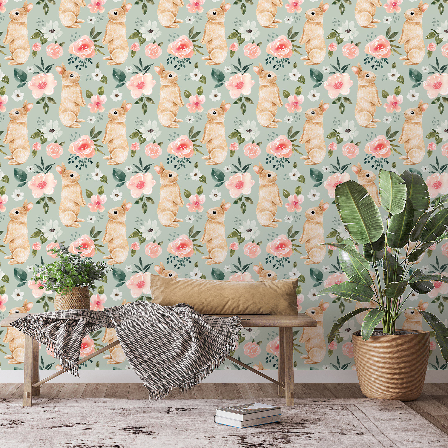 Sage Green Bunny Floral Wallpa - Baby Nursery Wallpaper Girl avis et prix