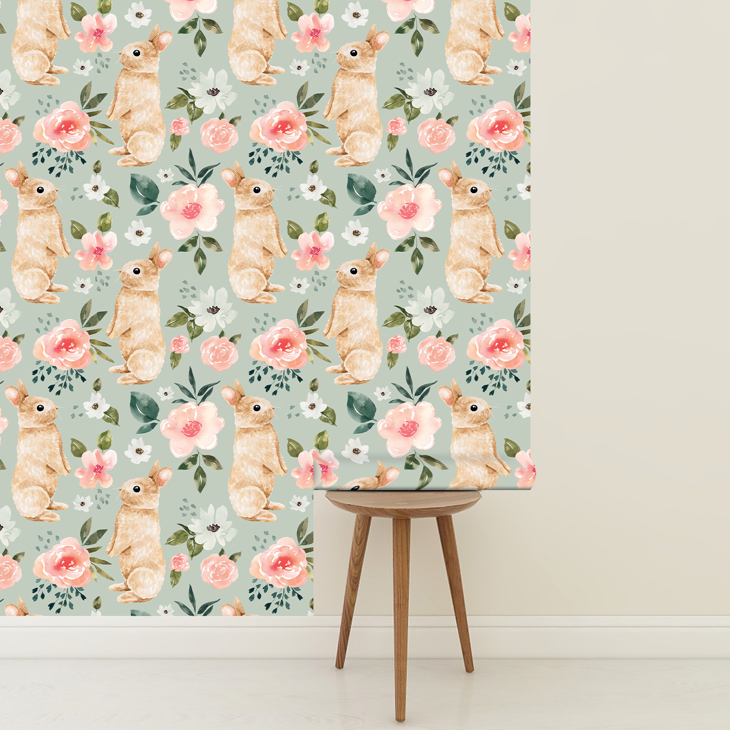 Sage Green Bunny Floral Wallpa - Baby Nursery Wallpaper Girl avis et prix