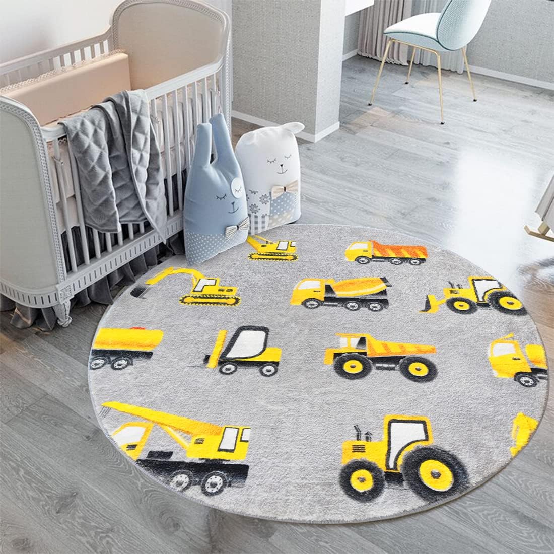 Gray Construction Vehicle Roun - Baby Nursery Yellow avis et prix