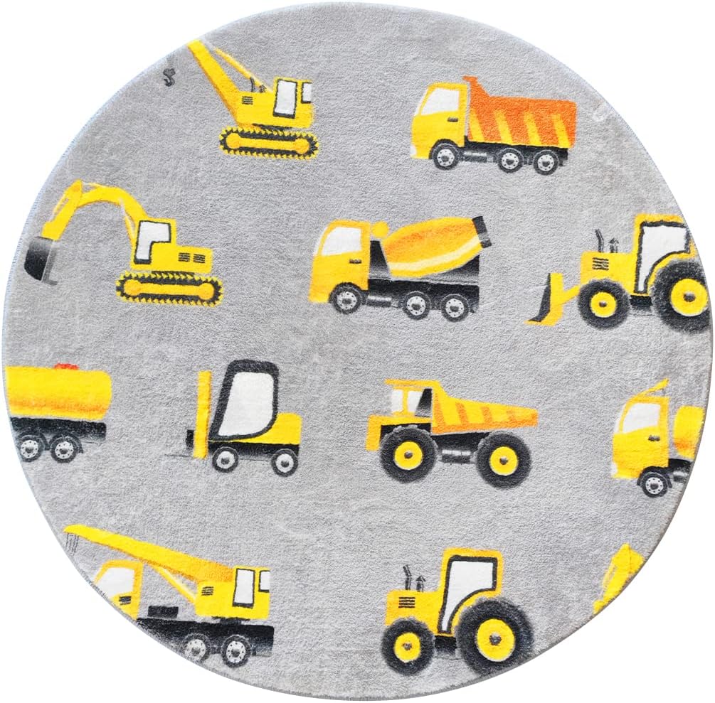 Gray Construction Vehicle Roun - Baby Nursery Yellow avis et prix