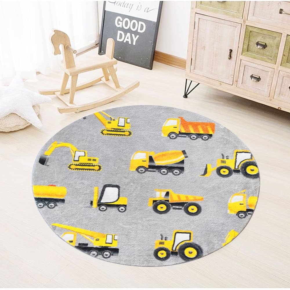 Gray Construction Vehicle Roun - Baby Nursery Yellow avis et prix