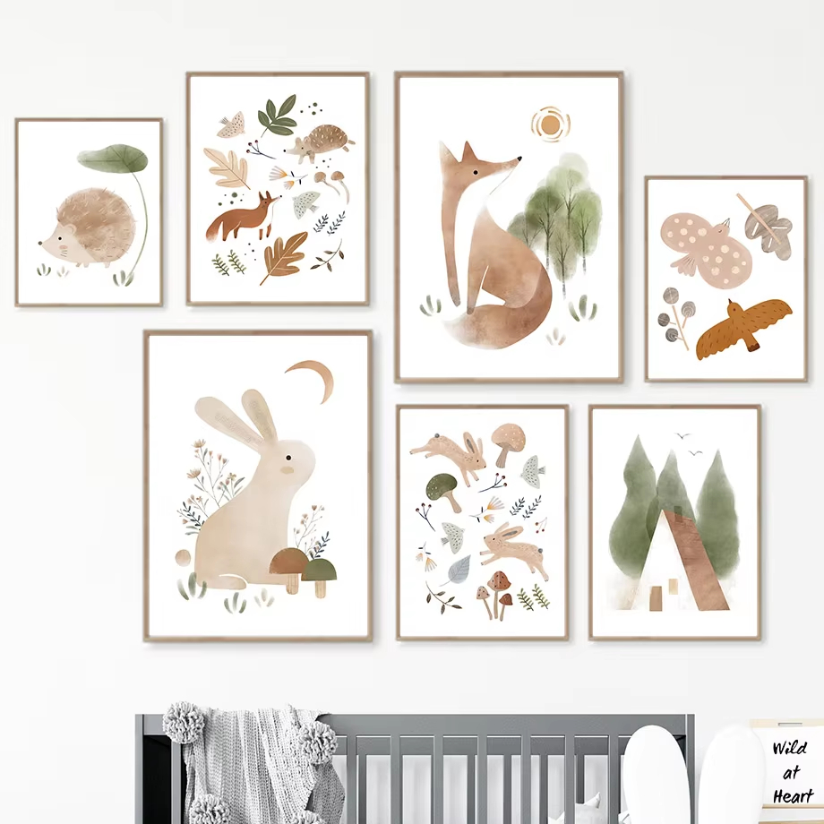 Boho Rabbit Fox Hedgehog Bird  - Baby Nursery Animal Prints avis et prix