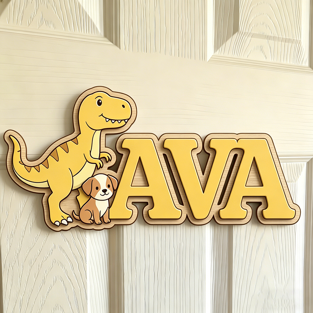 Custom T-Rex & Puppy Kids Name - Baby Nursery Yellow avis et prix