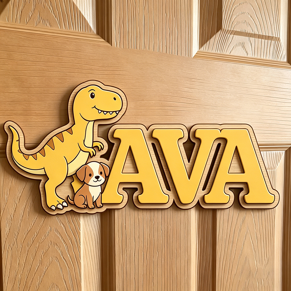 Custom T-Rex & Puppy Kids Name - Baby Nursery Yellow avis et prix