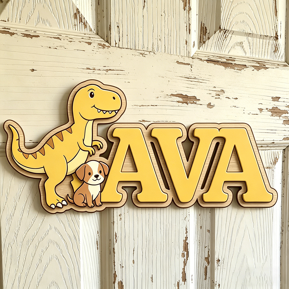 Custom T-Rex & Puppy Kids Name - Baby Nursery Yellow avis et prix