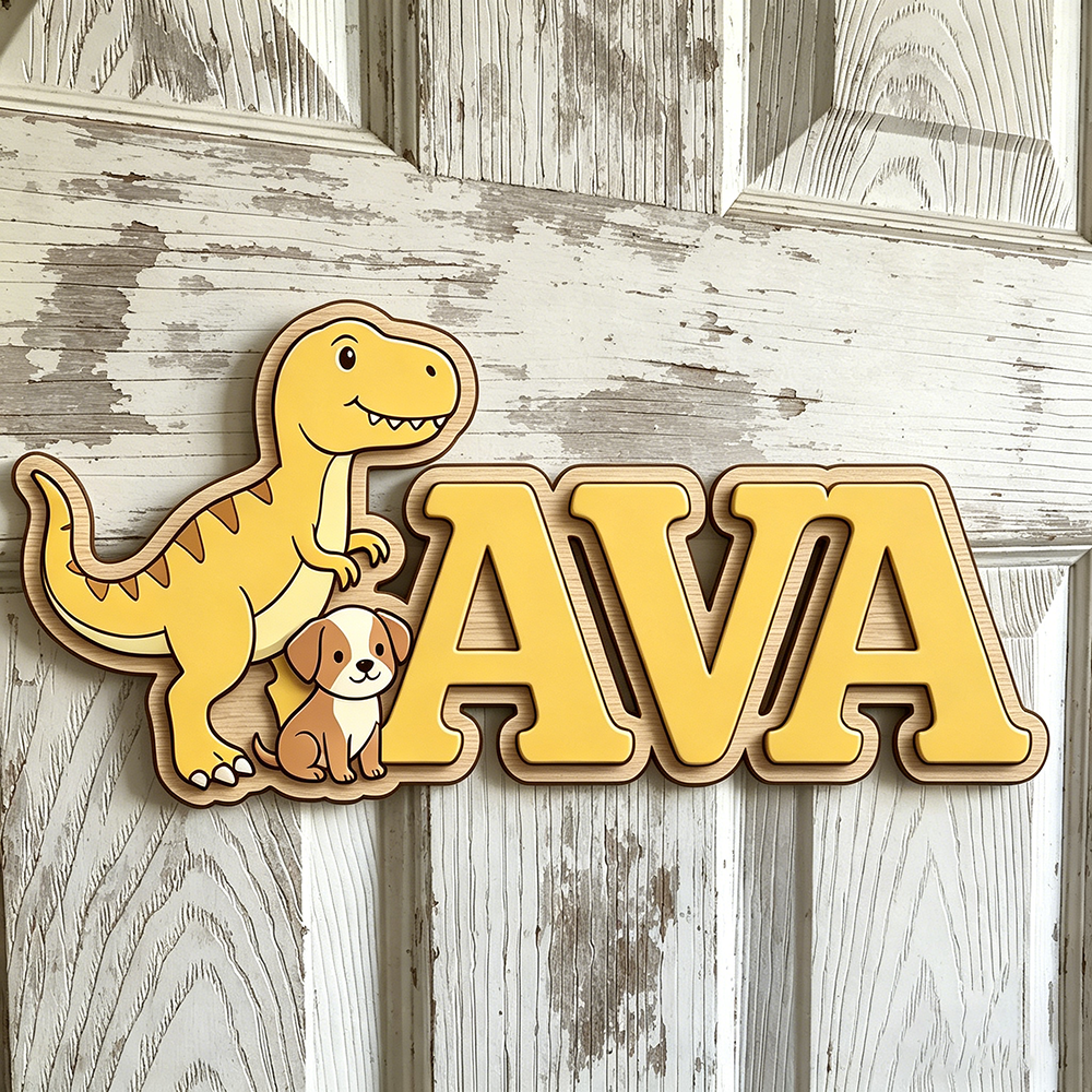 Custom T-Rex & Puppy Kids Name - Baby Nursery Yellow avis et prix